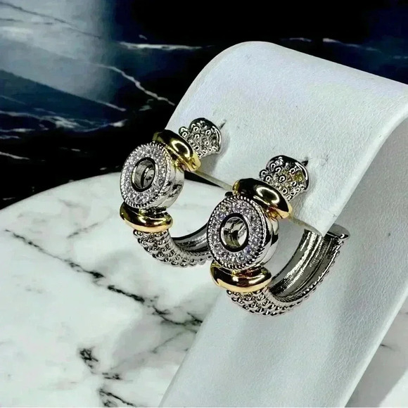 14K Gold Two Tone Simulated Diamonds O Ring Hoops 
Gorgeous - Picture 1 of 5